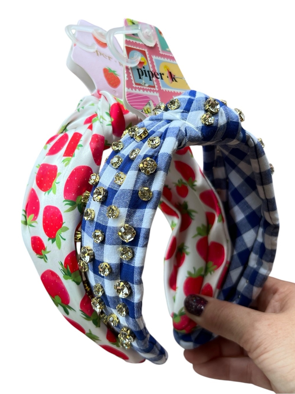 Piper K Pair of Headbands Blue White Gingham Rhinestones & A Strawberry Print